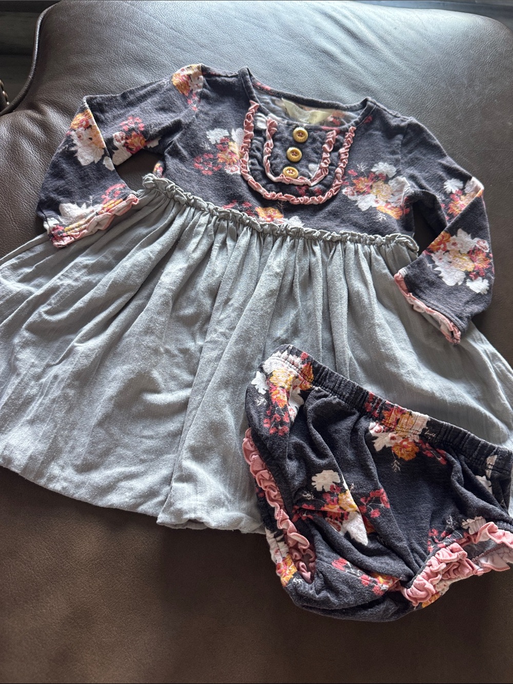 Matilda Jane Girls Floral Charcoal and Light Gray Dress Set